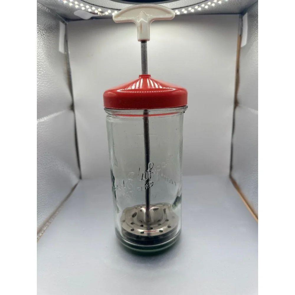 Vintage Speed-E-Whipper Glass Cream Whipper Red Lid Manual Hand Frother Mixer